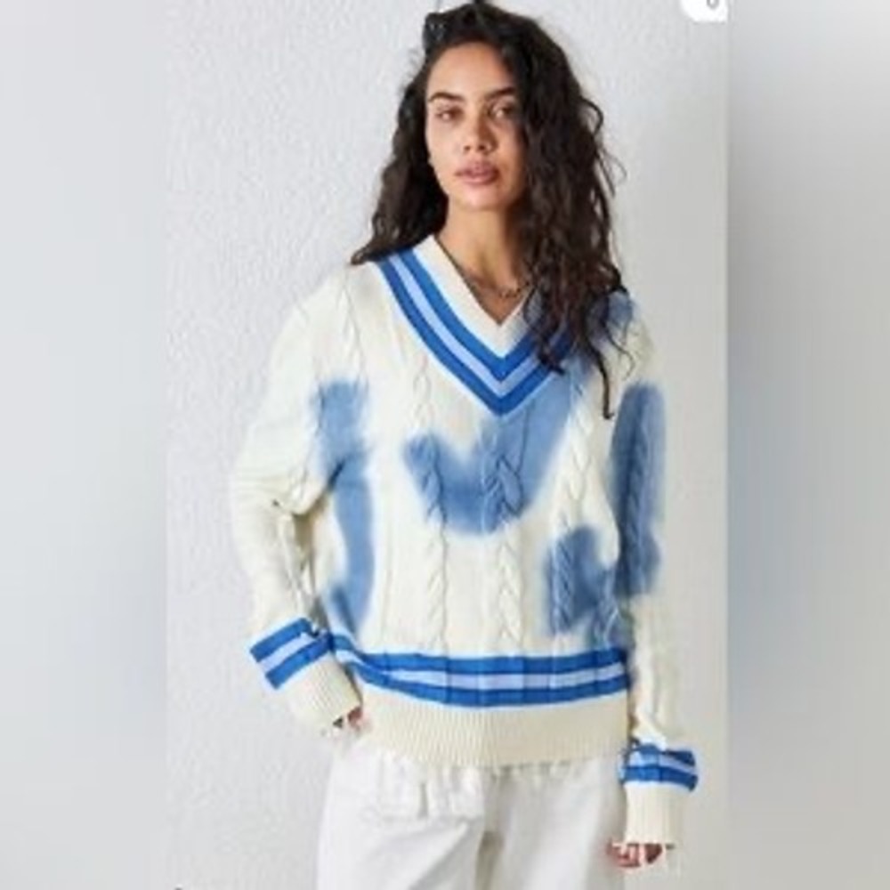 House of Sunny Varsity Cable Knit Sweater Blue Cream Distressed V-Neck XS - Picture 2 of 9